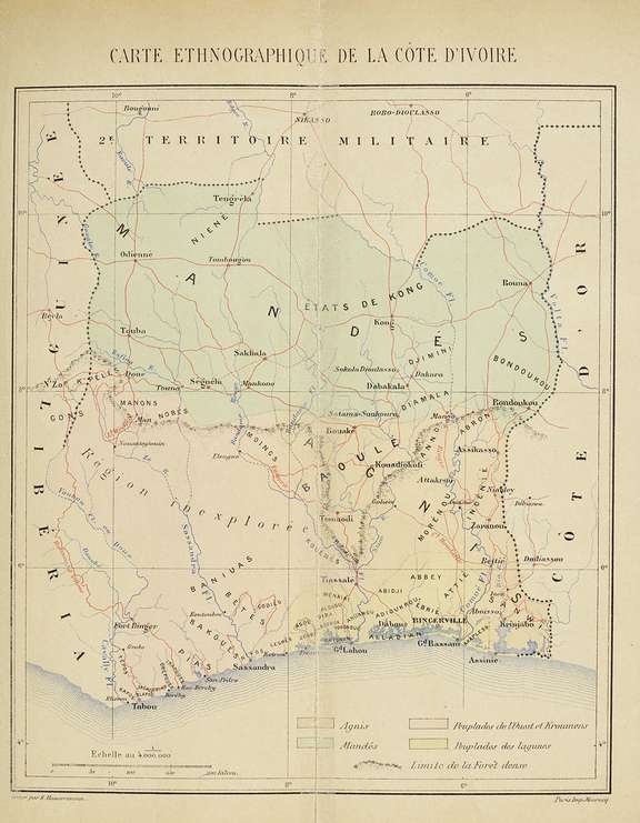Carte de la Côte d’Ivoire à la fin du 19e siècle. La région dan est alors inconnue des Européens © musée du quai Branly - Jacques Chirac