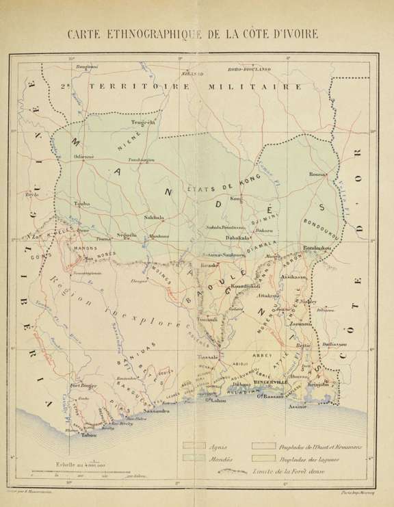 Map of Côte d’Ivoire at the end of the 19th century. The Dan region was then unexplored by Europeans © musée du quai Branly - Jacques Chirac