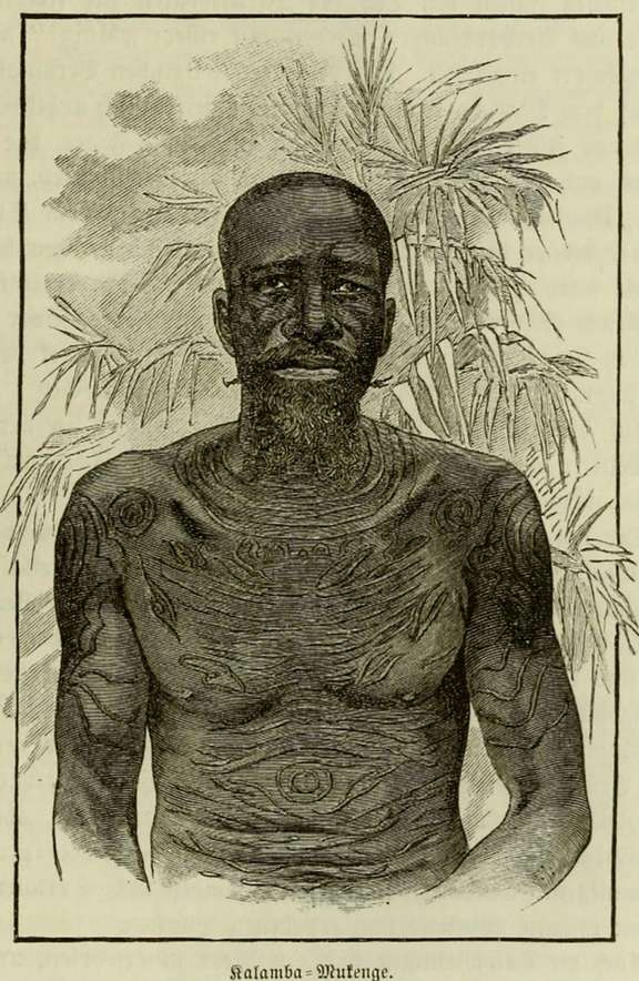 Gravure représentant le chef luluwa « Kalamba-Mukenge » dont le corps est recouvert de scarifications spiralées et géométriques © D.R.