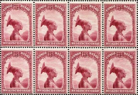 Planche de timbres représentant le profil d’une femme mangbetu. Ancien Congo belge. 1931. Collection privée