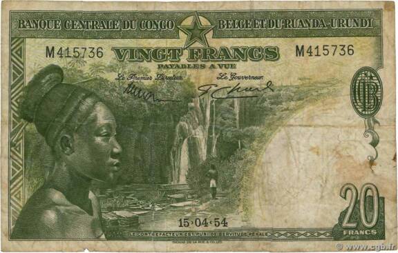 Billet de vingt francs représentant le profil d’une femme mangbetu. Banque Centrale du Congo Belge et du Ruanda-Urundi BCCBRU. Ancien Congo belge. 1952-1960. Collection privée