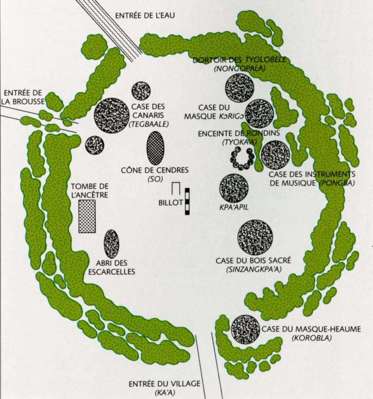 Drawing showing the configuration of the sacred bush (sinzanga) of the Tyebara village of Pinion.© D.R.