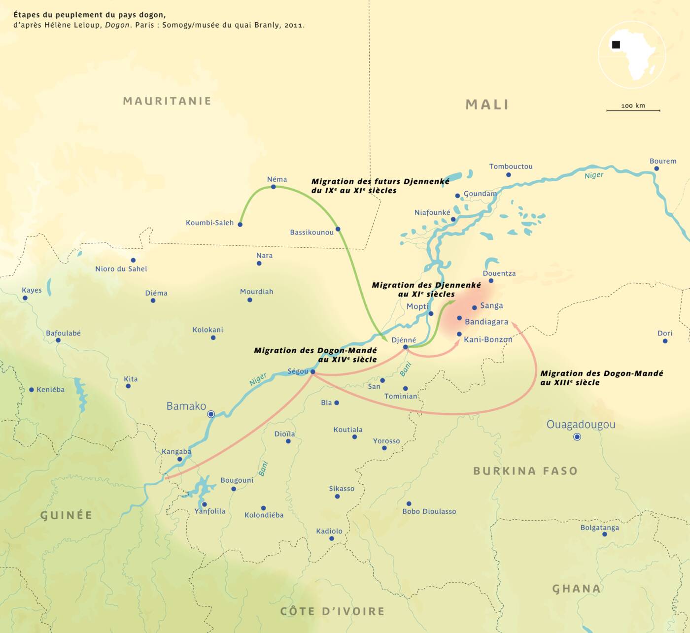 Carte des étapes du peuplement du pays dogon © Thierry Renard
