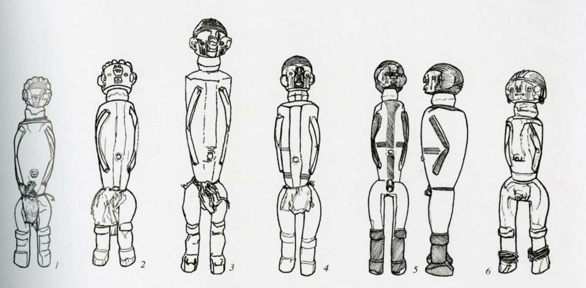 Six male Gbaya statues, eastern Cameroon. Statues 2, 4 and 5 are conserved at the Ethnologisches Museum in Berlin. © Drawing: Jan-Lodewijk Grootaers - "Ubangi : Art et culture au coeur de l'Afrique", 2007, Fonds Mercator